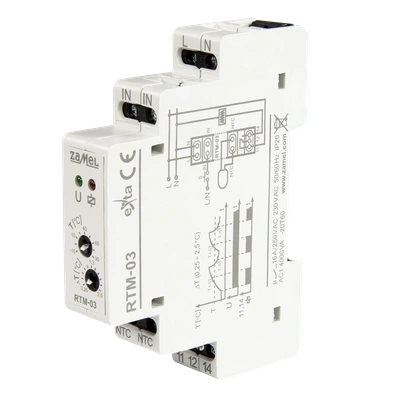 Regulator temperatury od -10 do 90 st. C, jednomodułowy, z nastawą histerezy 0,25-2 st.C  TYP: RTM-03