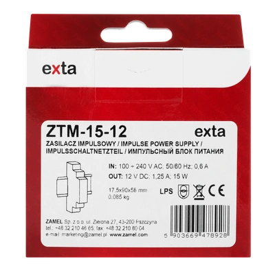 ZASILACZ IMPULSOWY MONTOWANY NA SZYNIE TH-35 (DIN) , 15W, 12V DC  TYP: ZTM-15/12