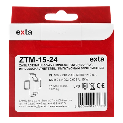 ZASILACZ IMPULSOWY MONTOWANY NA SZYNIE TH-35 (DIN) , 15W, 24V DC  TYP: ZTM-15/24