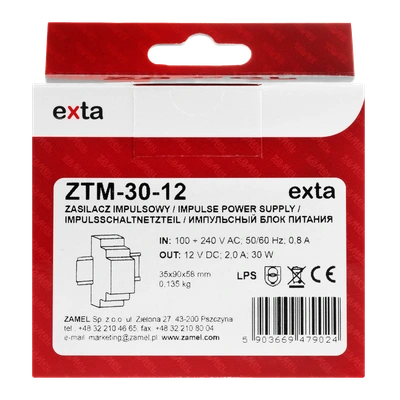 ZASILACZ IMPULSOWY MONTOWANY NA SZYNIE TH-35 (DIN) , 30W, 12V DC  TYP: ZTM-30/12