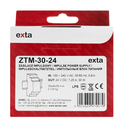 ZASILACZ IMPULSOWY MONTOWANY NA SZYNIE TH-35 (DIN) , 30W, 24V DC  TYP: ZTM-30/24