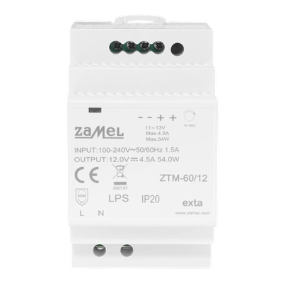 ZASILACZ IMPULSOWY MONTOWANY NA SZYNIE TH-35 (DIN) , 60W, 12V DC  TYP: ZTM-60/12