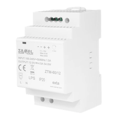 ZASILACZ IMPULSOWY MONTOWANY NA SZYNIE TH-35 (DIN) , 60W, 12V DC  TYP: ZTM-60/12