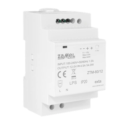 ZASILACZ IMPULSOWY MONTOWANY NA SZYNIE TH-35 (DIN) , 60W, 12V DC  TYP: ZTM-60/12