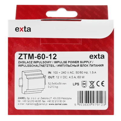 ZASILACZ IMPULSOWY MONTOWANY NA SZYNIE TH-35 (DIN) , 60W, 12V DC  TYP: ZTM-60/12