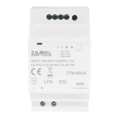ZASILACZ IMPULSOWY MONTOWANY NA SZYNIE TH-35 (DIN) , 60W, 24V DC  TYP: ZTM-60/24