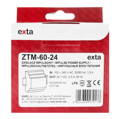 ZASILACZ IMPULSOWY MONTOWANY NA SZYNIE TH-35 (DIN) , 60W, 24V DC  TYP: ZTM-60/24