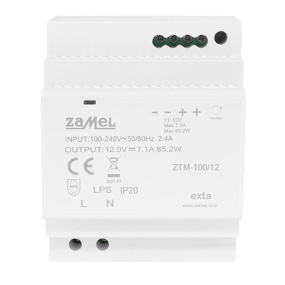 ZASILACZ IMPULSOWY MONTOWANY NA SZYNIE TH-35 (DIN) , 100W, 12V DC  TYP: ZTM-100/12