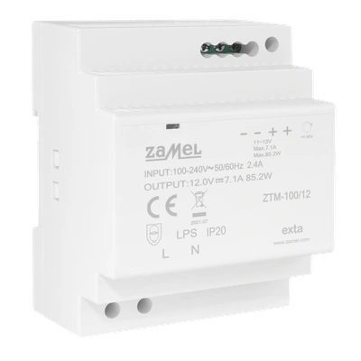 ZASILACZ IMPULSOWY MONTOWANY NA SZYNIE TH-35 (DIN) , 100W, 12V DC  TYP: ZTM-100/12