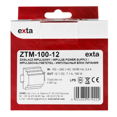 ZASILACZ IMPULSOWY MONTOWANY NA SZYNIE TH-35 (DIN) , 100W, 12V DC  TYP: ZTM-100/12
