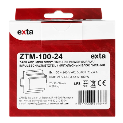 ZASILACZ IMPULSOWY MONTOWANY NA SZYNIE TH-35 (DIN) , 100W, 24V DC  TYP: ZTM-100/24