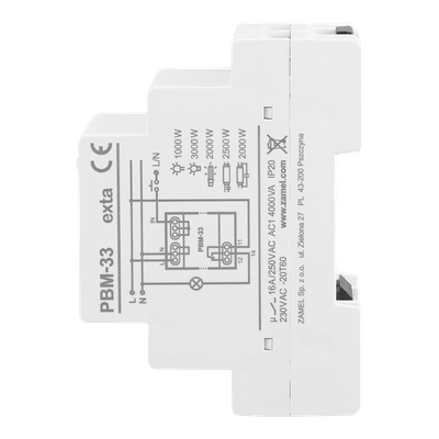PRZEKAŹNIK BISTABILNY (IMPULSOWY) PRZEŁĄCZANY W ZERZE, FUNKCJA OGRANICZENIA CZASOWEGO, 230V AC TYP: PBM-33