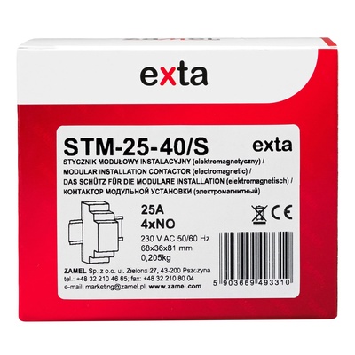 STYCZNIK MODUŁOWY ZE STEROWANIEM RĘCZNYM, INSTALACYJNY 25A, 4xNO, 230V AC  TYP: STM-25-40/S