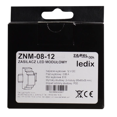 Zasilacz LED modułowy 12V DC 8W  TYP: ZNM-08-12