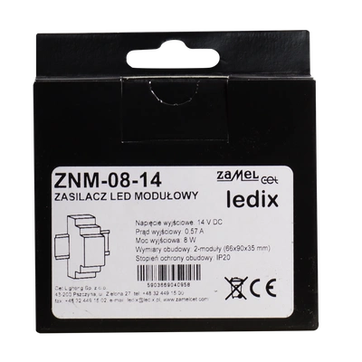 Zasilacz LED modułowy 14V DC 8W  TYP: ZNM-08-14