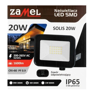 Naświetlacz LED SOLIS 20W 230V IP65 czarny, barwa biała neutralna TYP: NAS-20WN
