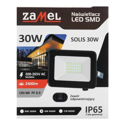 Naświetlacz LED SOLIS 30W 230V IP65 czarny, barwa biała ciepła TYP: NAS-30WW