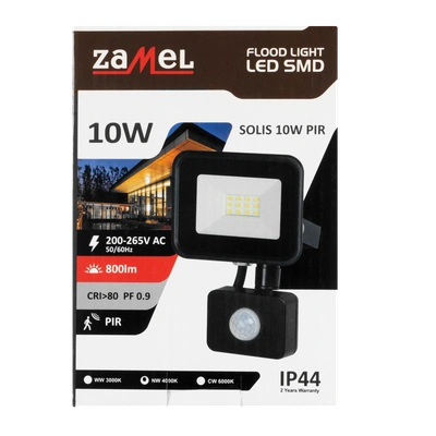 Naświetlacz LED SOLIS 10W PIR 230V IP44 czarny, barwa biała zimna TYP: NAS-10WCPIR
