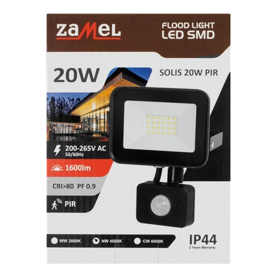 Naświetlacz LED SOLIS 20W PIR 230V IP44 czarny, barwa biała ciepła TYP: NAS-20WWPIR
