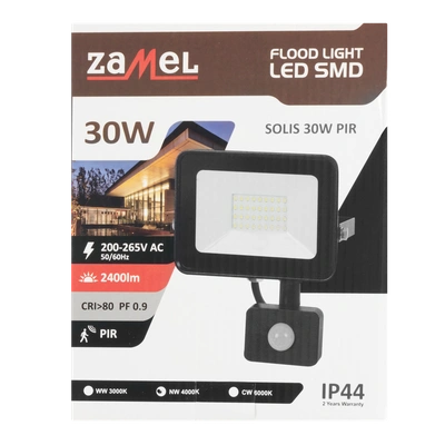 Naświetlacz LED SOLIS 30W PIR 230V IP44 czarny, barwa biała zimna TYP: NAS-30WCPIR