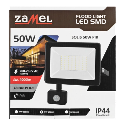 Naświetlacz LED SOLIS 50W PIR 230V IP44 czarny, barwa biała neutralna TYP: NAS-50WNPIR