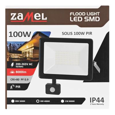 Naświetlacz LED SOLIS 100W PIR 230V IP44 czarny, barwa biała neutralna TYP: NAS-100WNPIR