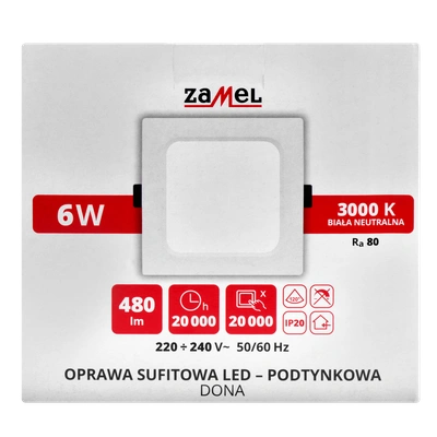 OPRAWA SUFITOWA LED DONA PT KWADRATOWA BARWA BIAŁA CIEPŁA TYP: LSP-06WK-230