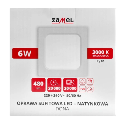 OPRAWA SUFITOWA LED DONA NT KWADRATOWA BARWA BIAŁA CIEPŁA TYP: LSN-06WK-230