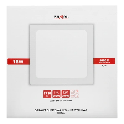 OPRAWA SUFITOWA LED DONA NT KWADRATOWA BARWA BIAŁA NEUTRALNA TYP: LSN-18NK-230